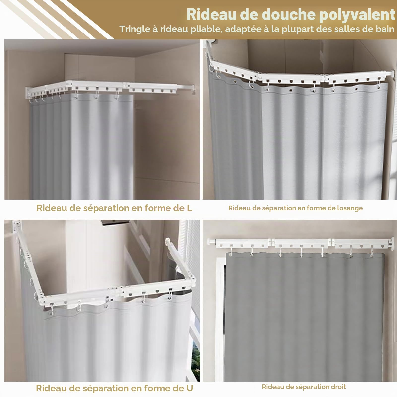 Tringle à rideau de douche pliable sans perçage, pliable et rotative, en alliage d'aluminium avec rideau de douche imperméable anti-moisissure 180 x 200 cm, pour salle de bain, baignoire (blanc/gris)