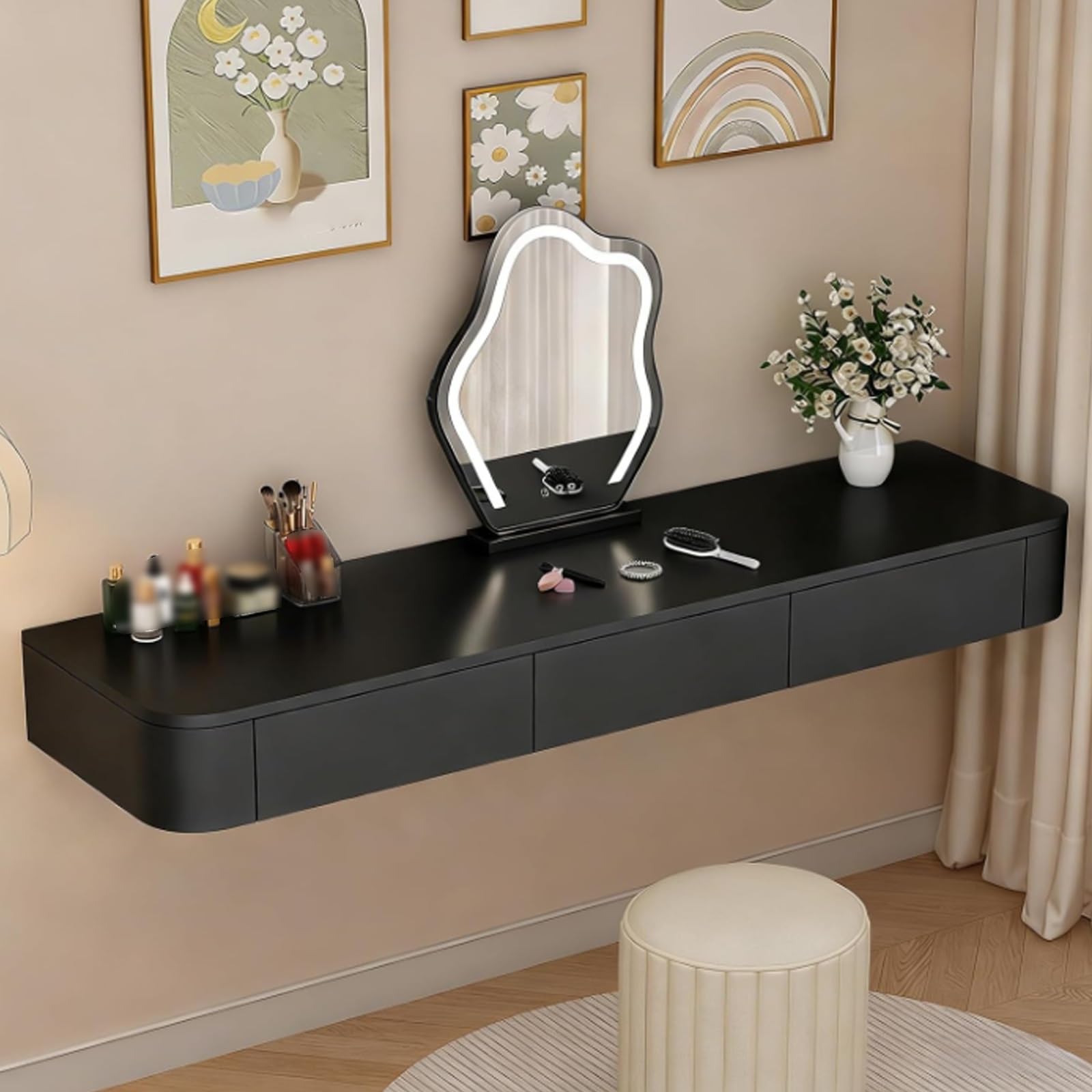 Schminktisch Vani aus Massivholz, komplett montiert, Wandmontage, multifunktional, Eckschreibtisch für Schlafzimmer, 100 cm, Schwarz