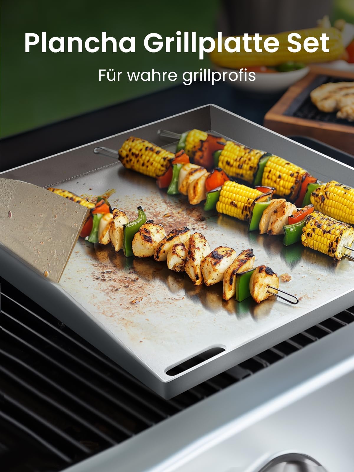 Youyijia Piastra per Barbecue Plancha in Acciaio Inox Massiccio da 4 mm con 2 Griglie e una Spazzola, Griglia a Gas con Angoli Sigillati, Perfetta per Barbecue a Gas e a Carbonella