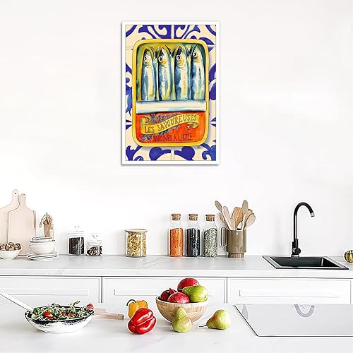 Miniatura 4 de Lienzo de sardinas divertidas para pared, póster vintage de lata de sardina, comida retro, peces, vida marina, estética, acuarela, pintura para el