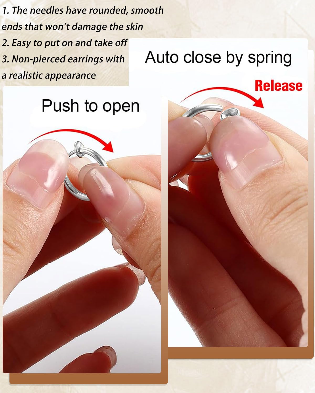 Set di 4 paia orecchini finti senza buco in acciaio inossidabile, Orecchini clip, cerchio, anello ear cuff, per creare un look moderno e senza piercing, Con borsa portaoggetti, Argento/Nero