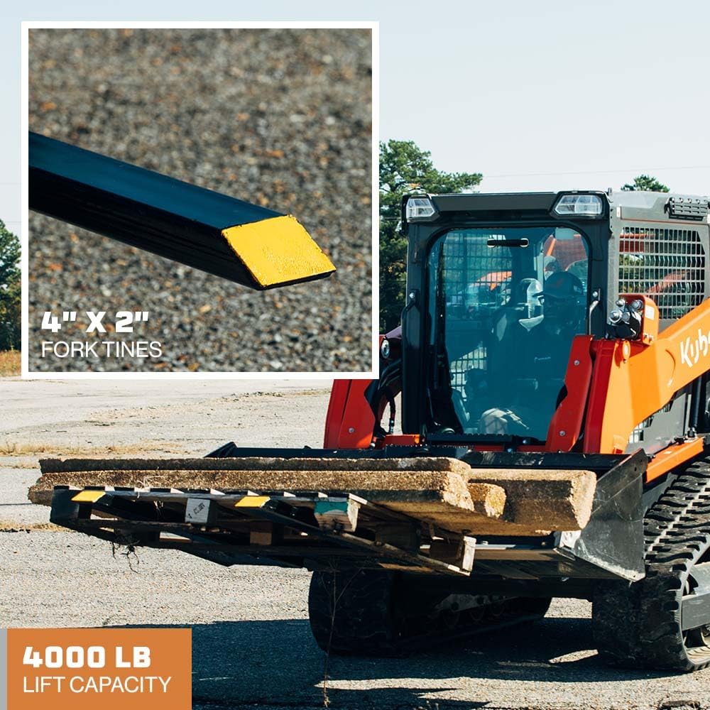 Titan Attachments Medium-Duty 60" Clamp-on Pallet Forks with Adjustable Stabilizer Bar, 46" x 4" Fork Length, Rated 4,000 LB, Easy to Install on Loader or Skid Steer Bucket