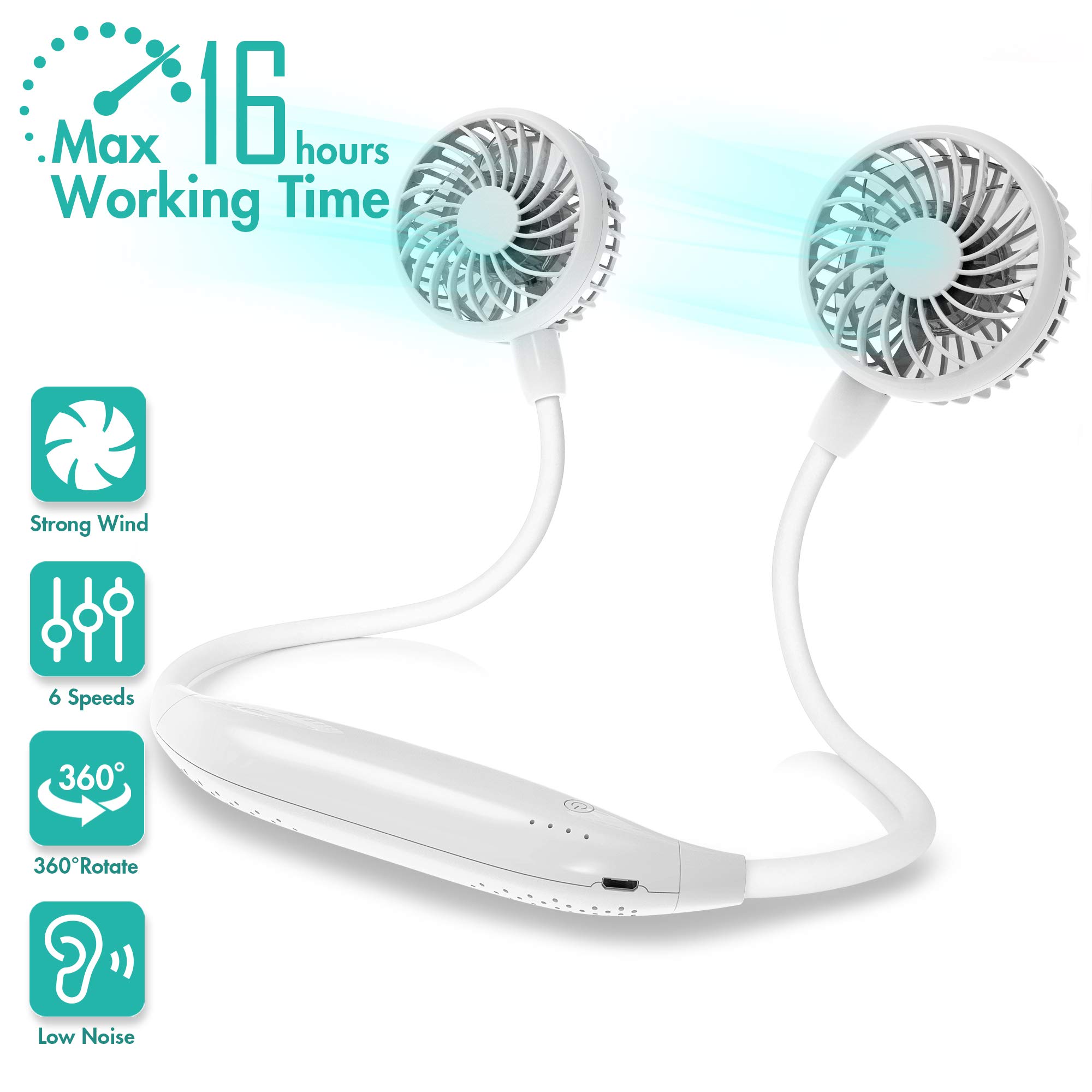 COMLIFE Portable Neck Fan, 2600mAh Battery Operated Ultra Quiet Hands Free USB Fan with 6 Speeds, Strong Wind, 360° Adjustable High Flexibility Wearable Personal Fan for Home Office Outdoor Travel