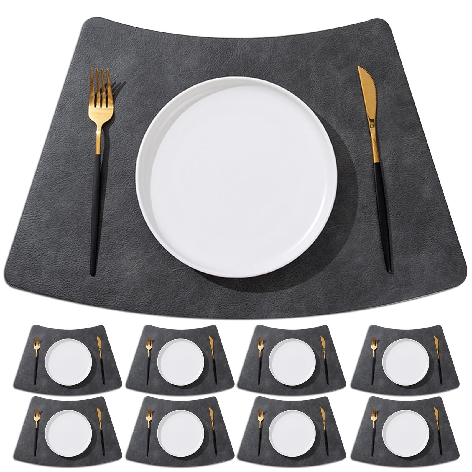 Manteles individuales redondos de piel sintética con forma de cuña, resistentes al calor, impermeables, antideslizantes y fáciles de limpiar.(Negro,Set of 8)