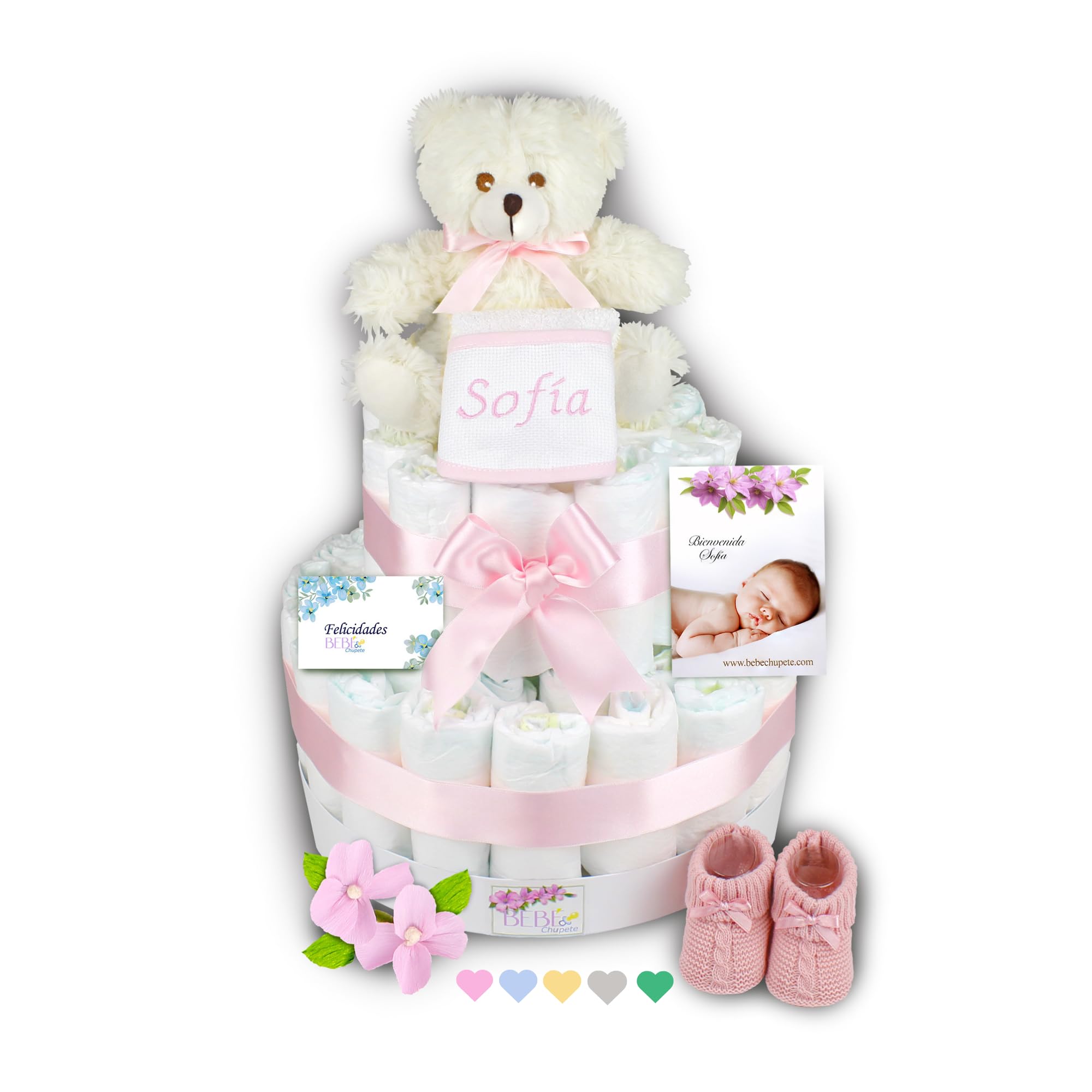 BEBÉCHUPETE Tarta de Pañales DODO T 60 Pañales- Pañales Recién Nacido Sensitive Talla 2 de 4 a 8 kg, Tarta Pañales Bebe con Babero Bordado con Nombre, Regalo Bebe Recien Nacido, Canastilla Bebe (Rosa)