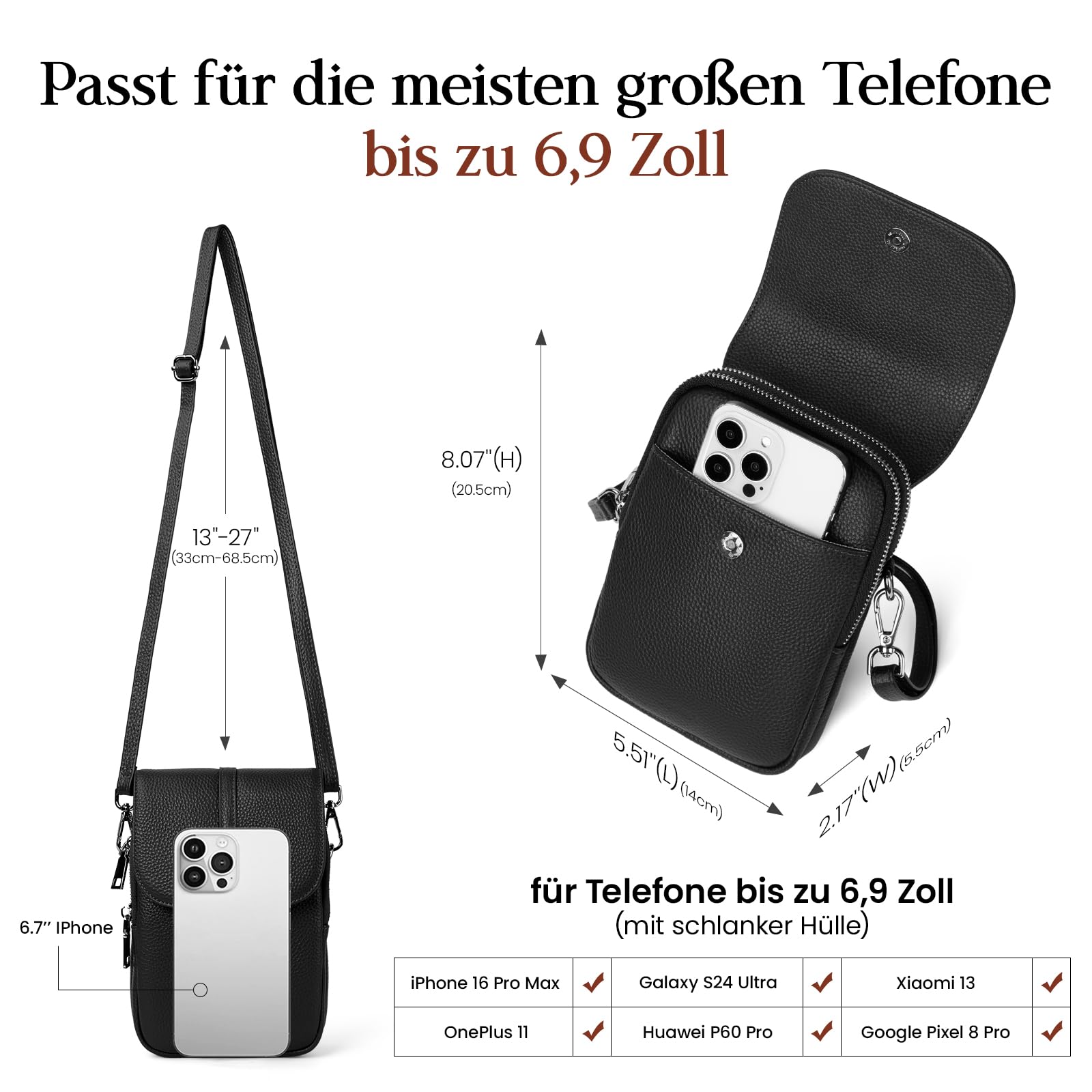 befen Echtleder Handytasche zum Umhängen Damen, RFID-Blockierung Handy Umhängetasche Damen Klein Handtasche Leder, Handytasche mit Geldbörse zum Umhängen, Crossbody Bag mit Verstellbar Schultergurt