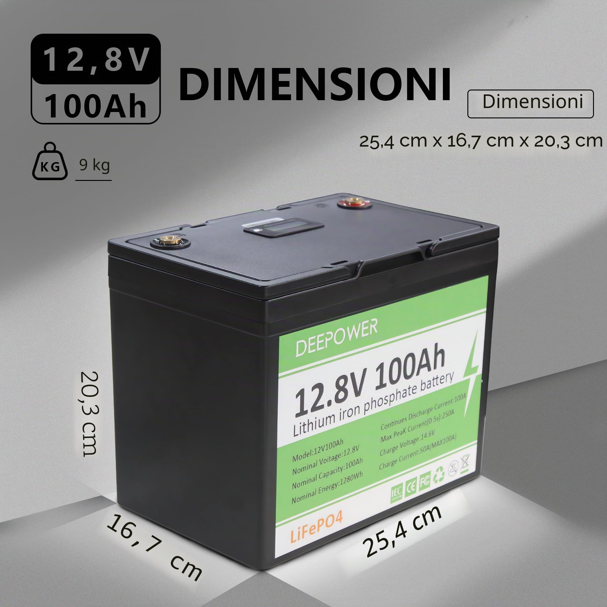 12V100Ah LiFePO4 Batteria con LED Indicatori, 15000 Cicli Profondi, 100A BMS, Celle di Grado A, 1280Wh Energia, per Camper, Campeggio, Sistema solare, Barca, Off-Grid (12V 100Ah LED)