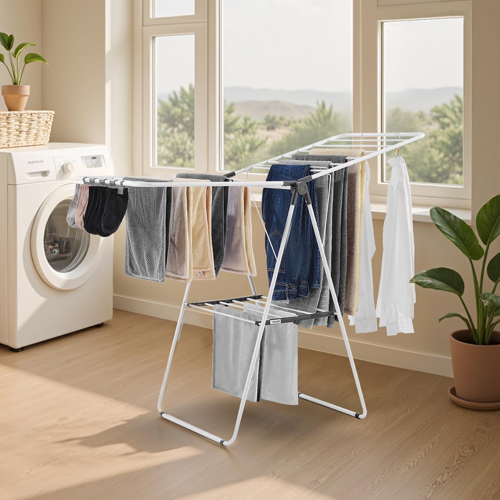 VEVOR Étendoir à Linge Pliable, Séchoir à Linge sur Pied à 2 Niveaux, avec Pinces à Chaussettes et 21 Barres de Séchage, en Métal, Stable, Réglable en Hauteur, pour Extérieur et Intérieur, Blanc
