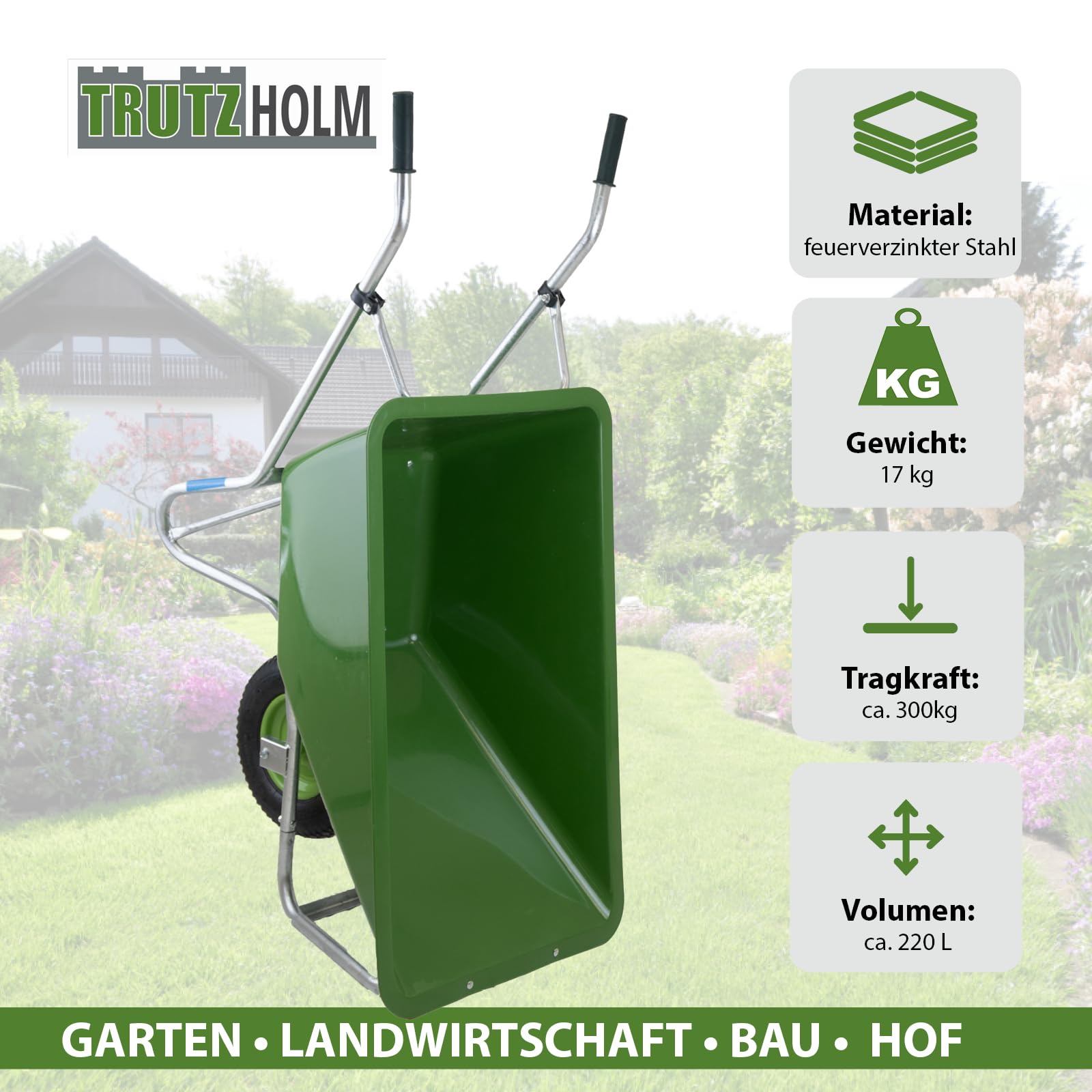 1-Rad Schubkarre XL 220 L 300 kg Luftrad Hofkarre Futterkarre grün Metallfelge Siebkarre groß für Stall Pferde Hof Garten Laub Heu Gras, Gartenkarre Großmuldenkarre Landwirtschaftskarre