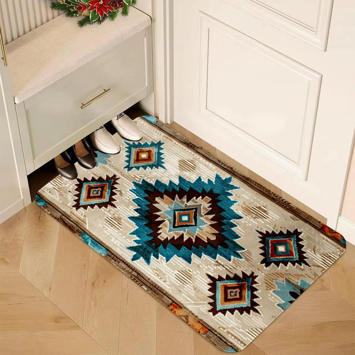 Navajo Kitchen Rugs Set of 2, Geometric Farmhouse Style Kitchen Mats with Rubber Backing Non Skid Washable, Southwestern Kitchen Decorations (17" x 29 + 17" x 47") - Image 5