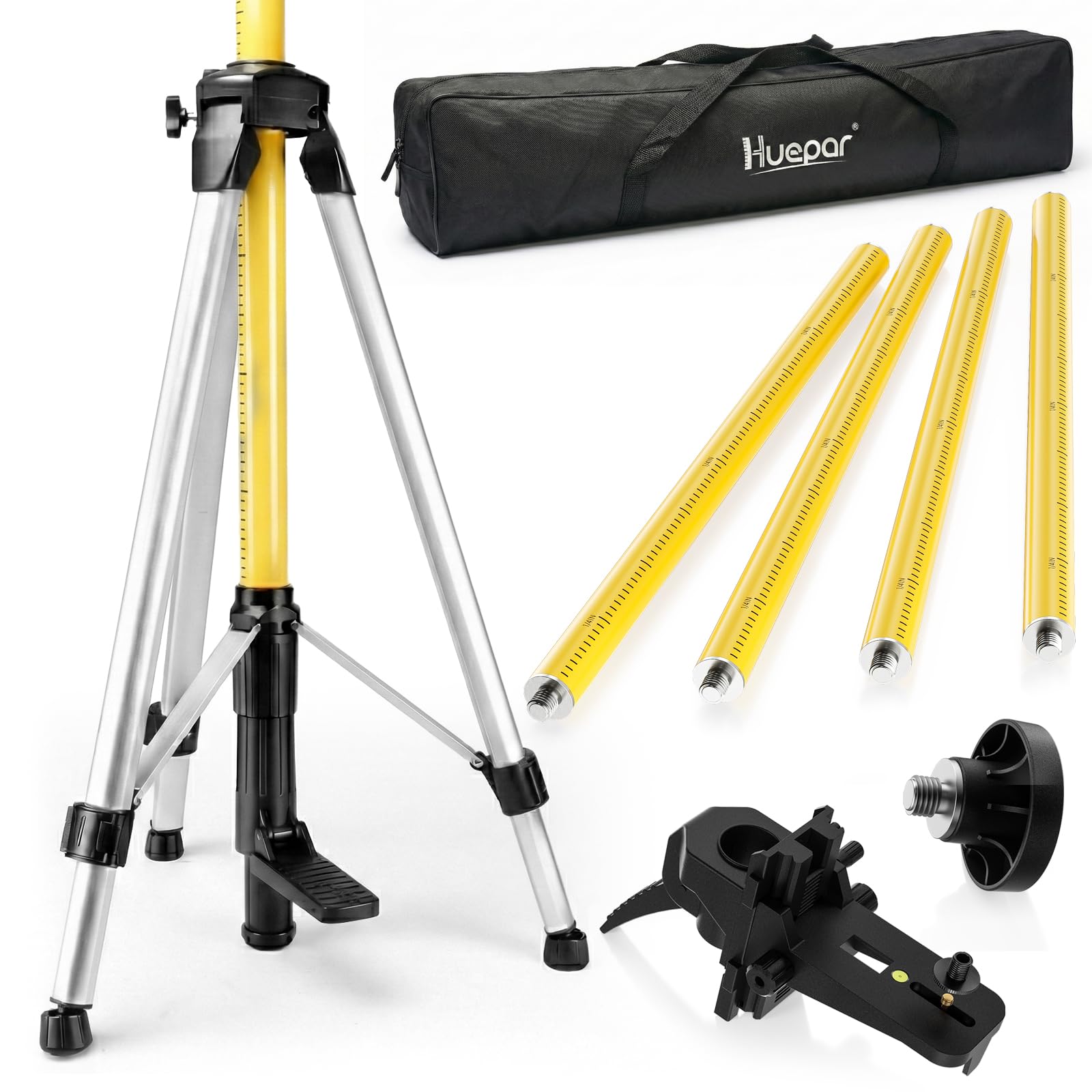 Huepar 12 Ft./3.7m Telescoping Pole with 1/4-Inch by 20-Inch Laser Mount for Rotary and Line Laser Level, Adjustable Telescoping Pole with Tripod - 5/8"-11 Adapter Nut Included LP36