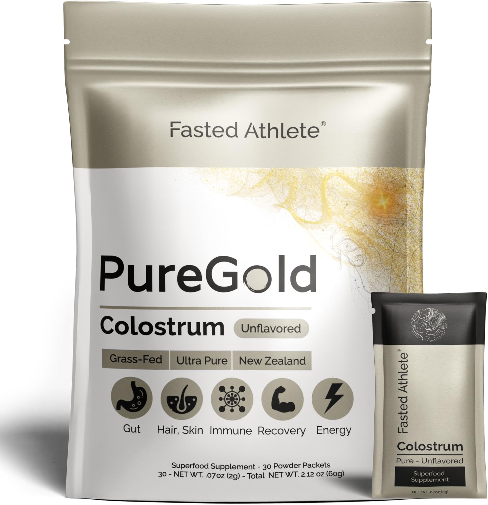PureGold - Bovine Colostrum Powder - 100% Pure New Zealand Grass Fed, Supports Gut Health, Skin, Hair, & Immunity – Colostrum Supplement, Unflavored, 30 Travel Packets