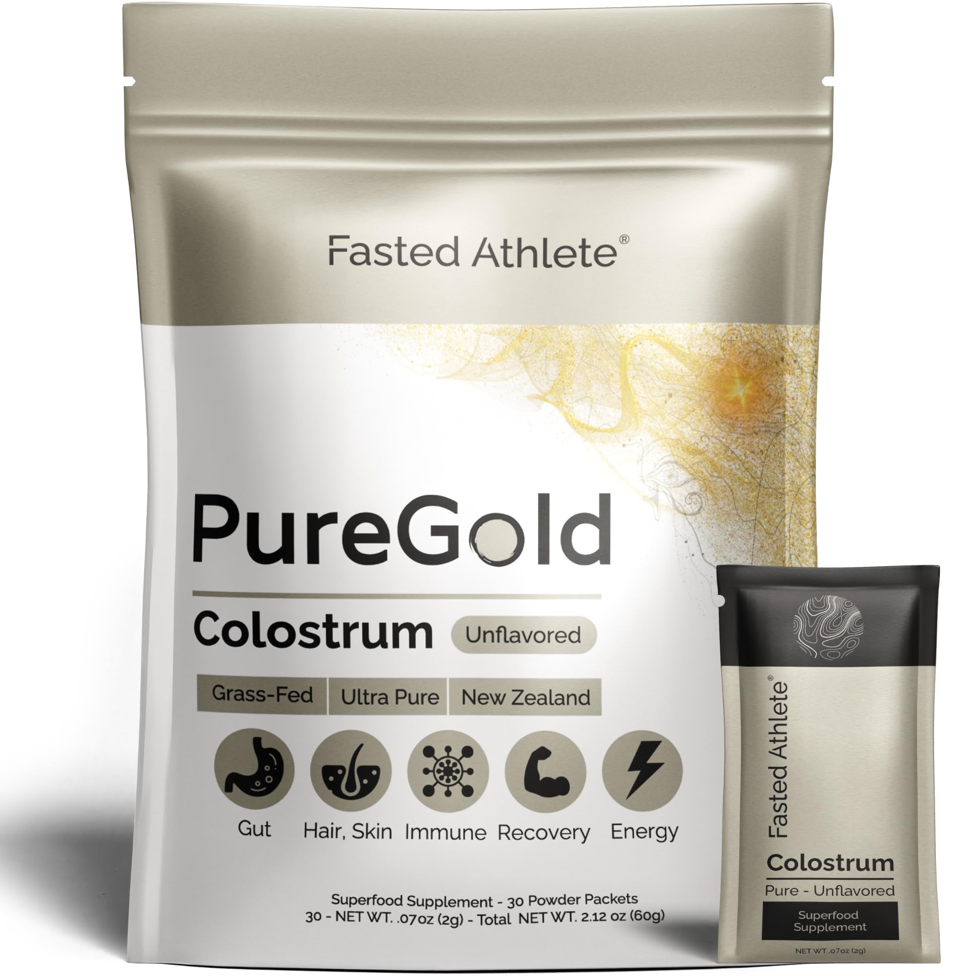 PureGold - Bovine Colostrum Powder - 100% Pure New Zealand Grass Fed, Supports Gut Health, Skin, Hair, & Immunity – Colostrum Supplement, Unflavored, 30 Travel Packets