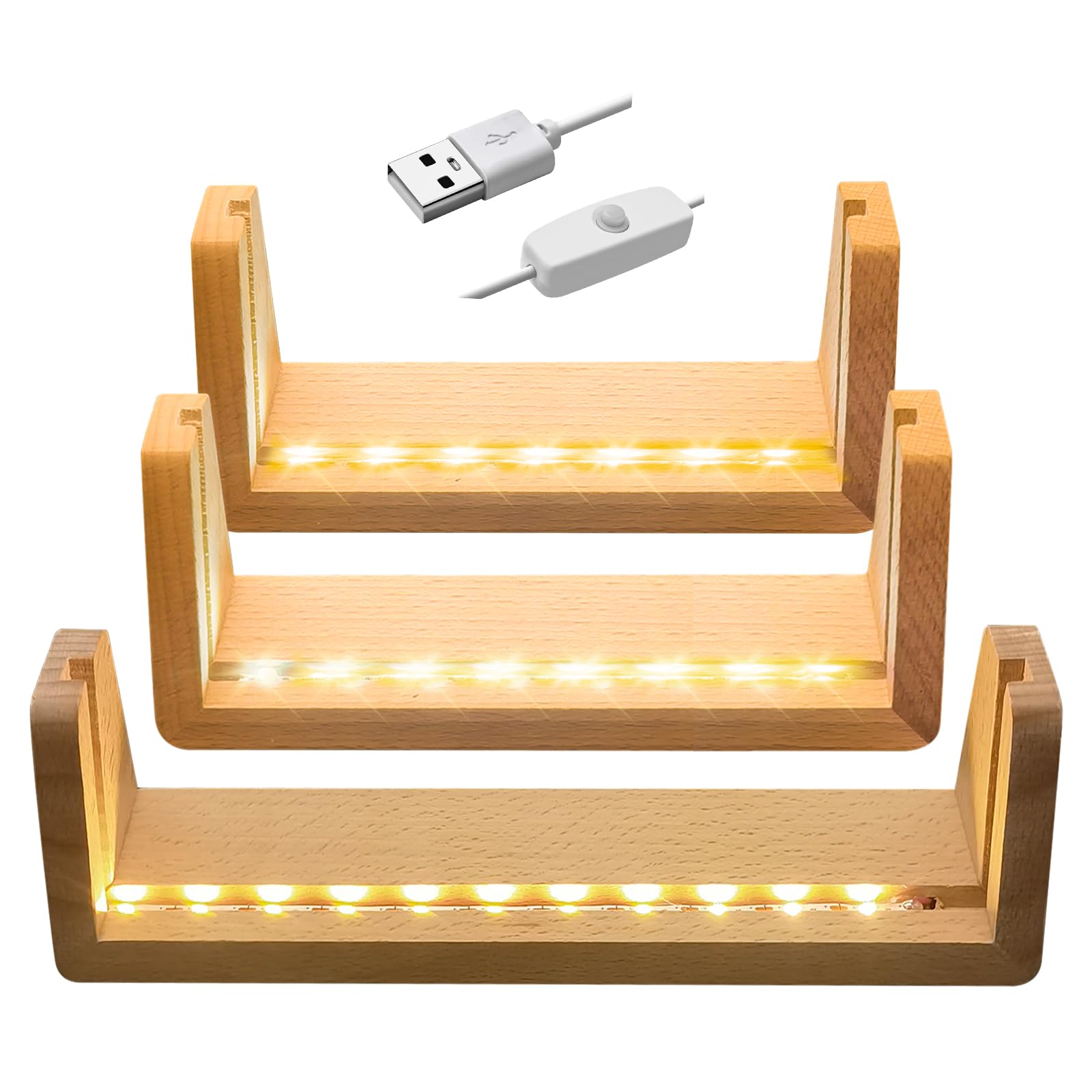 luolety LED Wooden Photo Frame, 3 Size Wooden Frame with Led Light Picture Frame U Shaped Photo Frame Solid Rustic Wooden Display Pedestal Art Lights Display Stand (Warm Light)