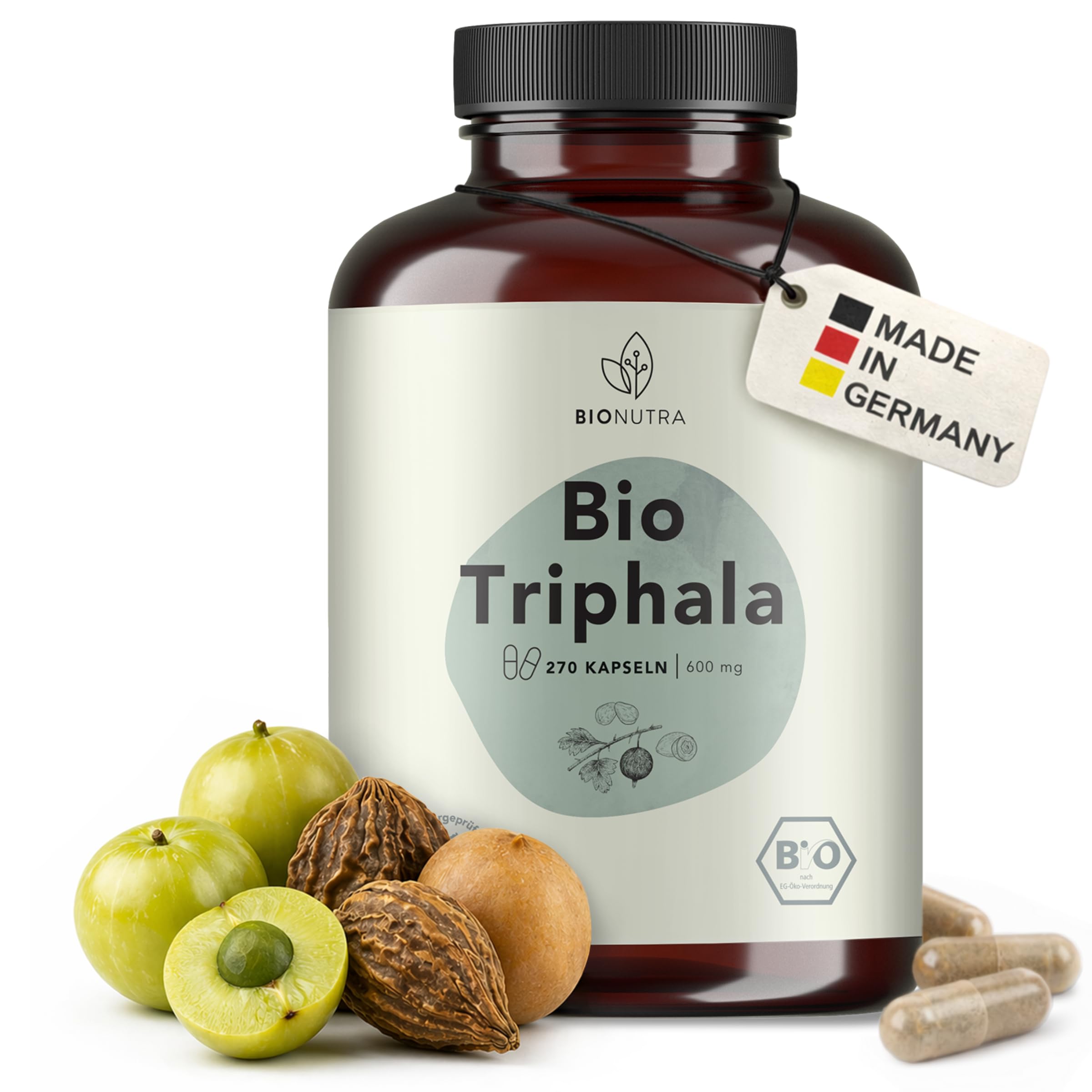 BIONUTRA® Gélules de Triphala bio hautement dosées, 1200 mg/jour, contrôlées résidus, fabrication allemande, véganes, sans lactose, gluten ni additifs, poudre de Triphala bio, 270 pièces x 600 mg