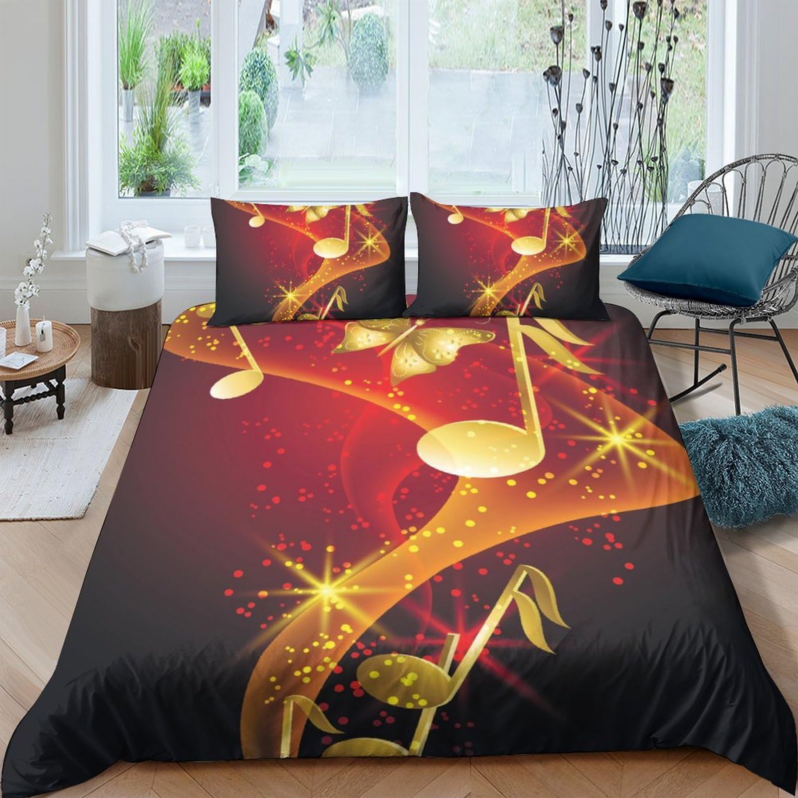 Ctjqhvkz Style-3 3D Printed Golden Music Notes Fitted Sheet Microfiber Soft Red Abstract Mattress Cover For Bedroom Guest Room Decor Single（135X200cm）