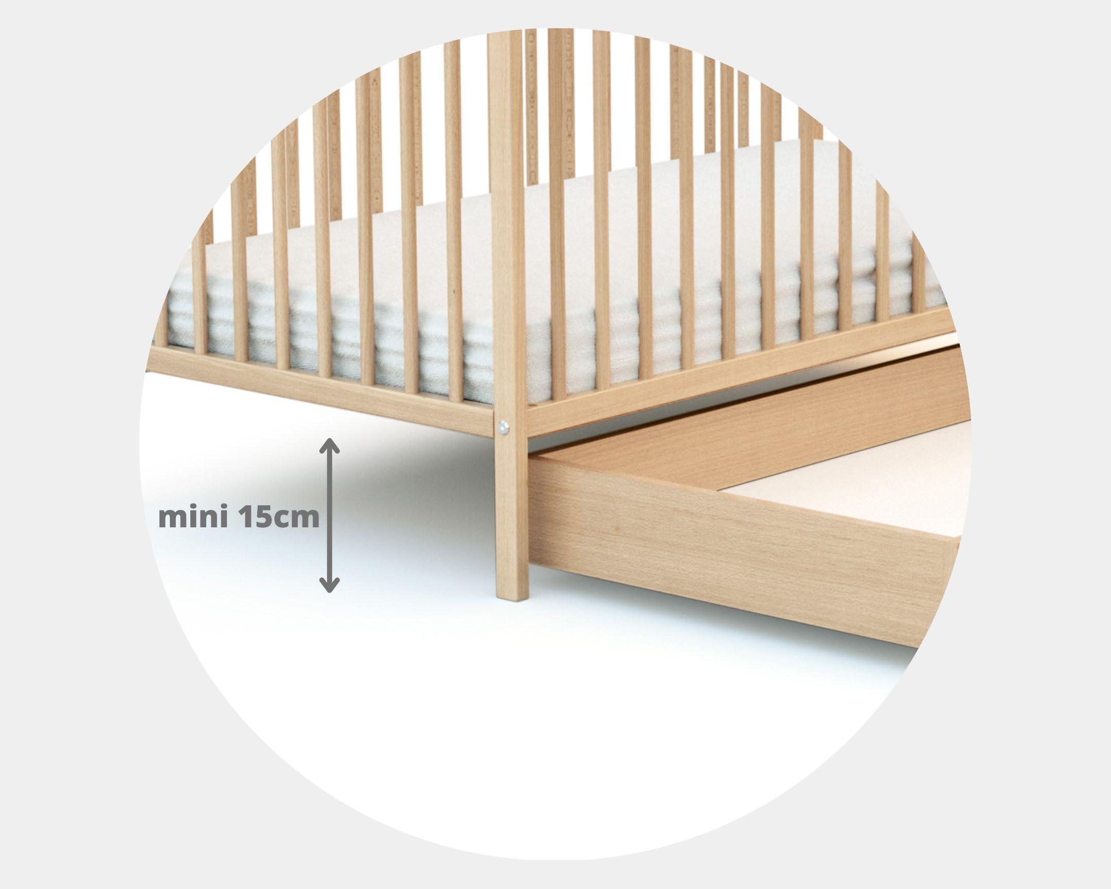 AT4 - Tiroir de lit ESSENTIEL Hêtre verni | Pour lit bébé 60x120 cm | Tiroir universel en bois | Tiroir à 4 roulettes | Hauteur 15cm | Rangement pratique et discret | Gain de place