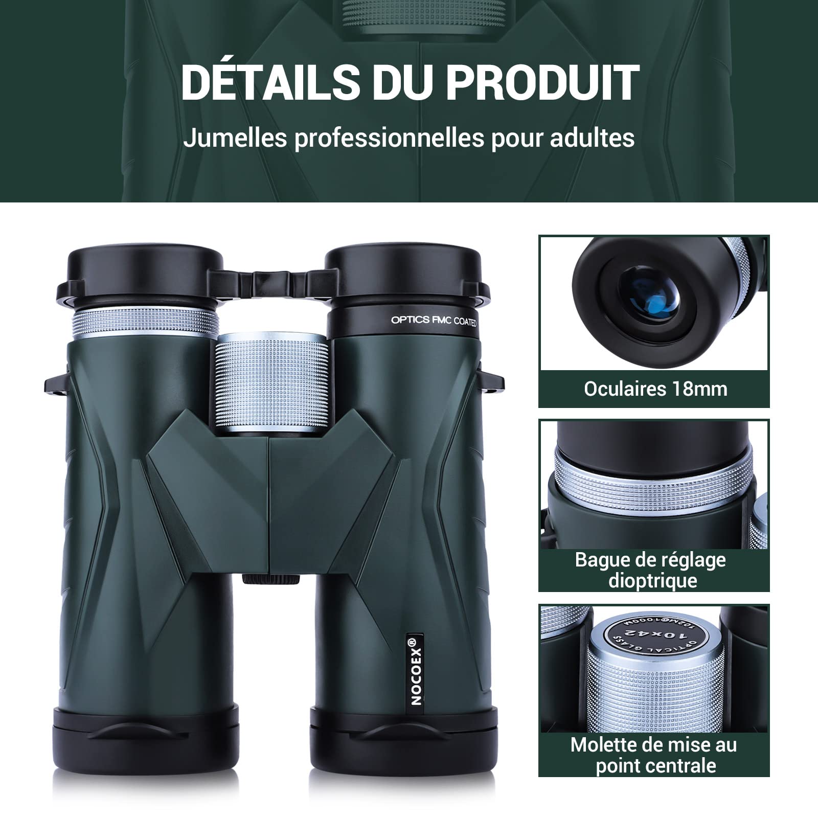 NOCOEX 10x42 Puissantes Jumelles Compactes Prisme de Toit avec Sac de Transport et Sangle, Convient pour Enfant,De Theatre,Observation D’Oiseaux, Paysages et Voyages (D)