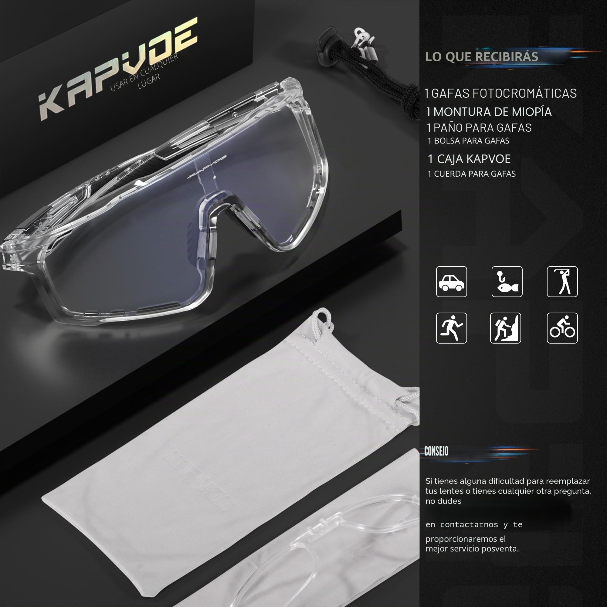 KAPVOE Gafas Ciclismo Fotocromáticas Lente y Montura UV400 Color Azul K76 | Lente & montura fotocromáticas, lente transparente a azul CAT.1-CAT.2, UV400, almohadilla regulable