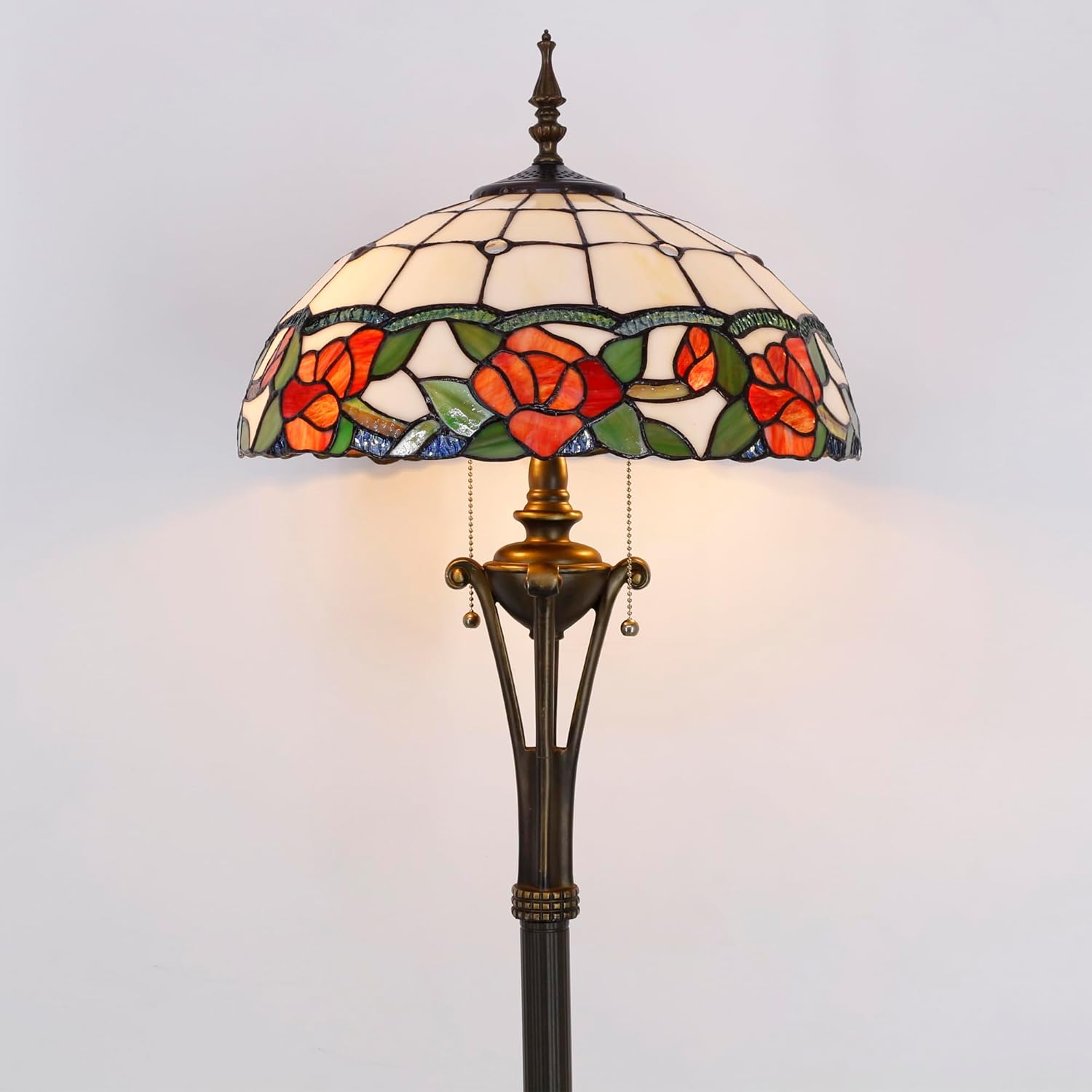 Tiffany Floor Lamp Rose Flower Style Stained Glass Standing Reading Light 16X16X70 Inches Antique Pole Lamp Decor Bedroom Living Room