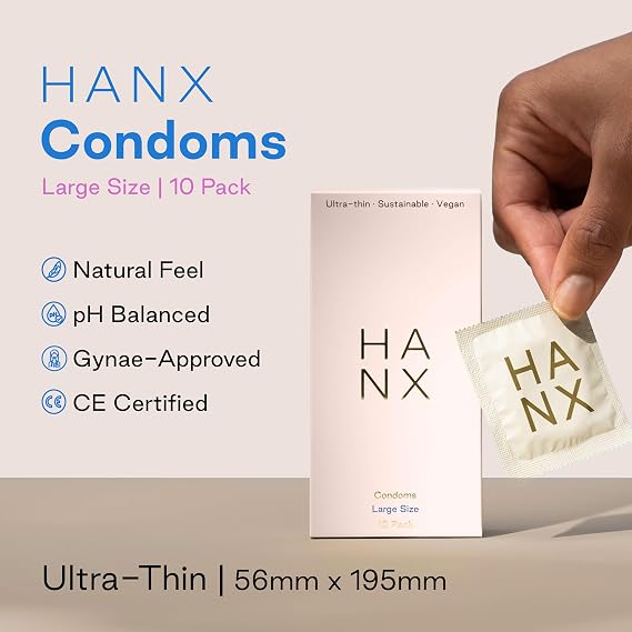 HANX Ultra-Thin Condoms 10 Pack, Large | Natural Feel | Sensitive Skin Friendly | Natural Latex | Vegan | Gynaecology Doctor Approved I Strong Flexible Comfort & Protection | Silicone Lubricant