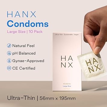 HANX Ultra-Thin Condoms 10 Pack, Large | Natural Feel | Sensitive Skin Friendly | Natural Latex | Vegan | Gynaecology Doctor Approved I Strong Flexible Comfort & Protection | Silicone Lubricant