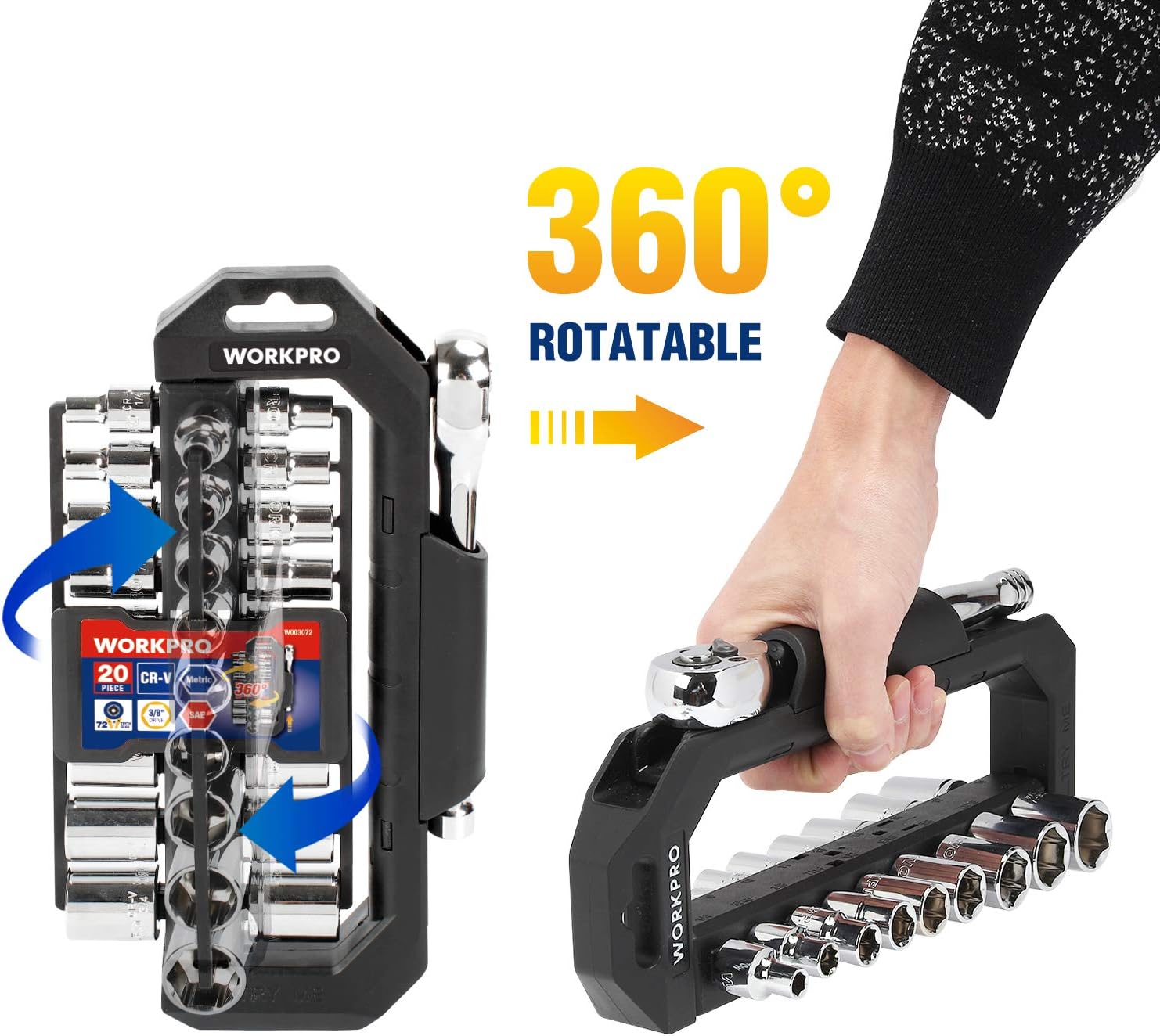 WORKPRO 20 Pieces 3/8" Drive Socket Set, with 72-Tooth Pear Head Ratchet Wrench and Patented 360° Rotating Carrying Rack