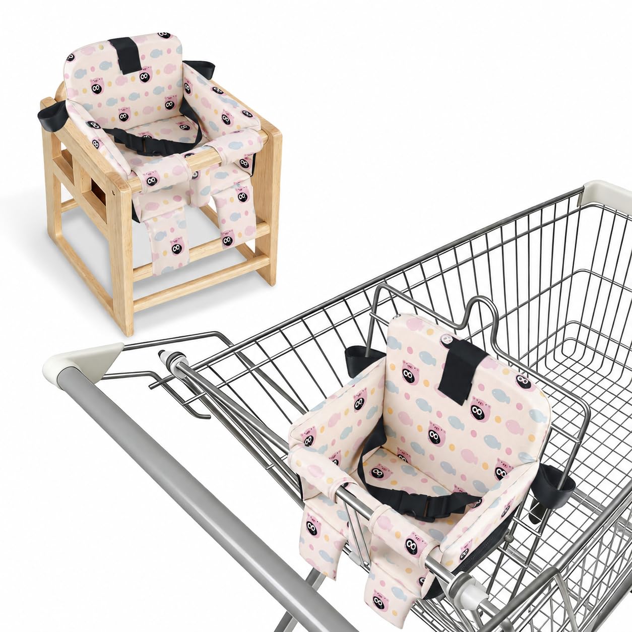 Portable Baby Shopping Cart Seat, High Chair Cover for Outdoor, One-Hand Installation Cart Seat Cover, Padded with Comfort Foam – Fish & Cat