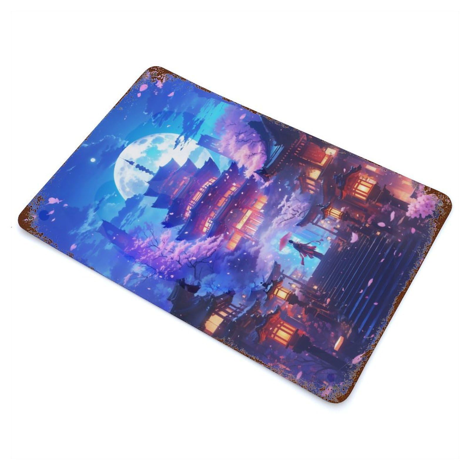 Rust Effect Tin Sign with Celestial Sakura Temple Design 11.8"x7.9", for Pub, Kitchen And Man Cave Decor, Industrial Home Decor