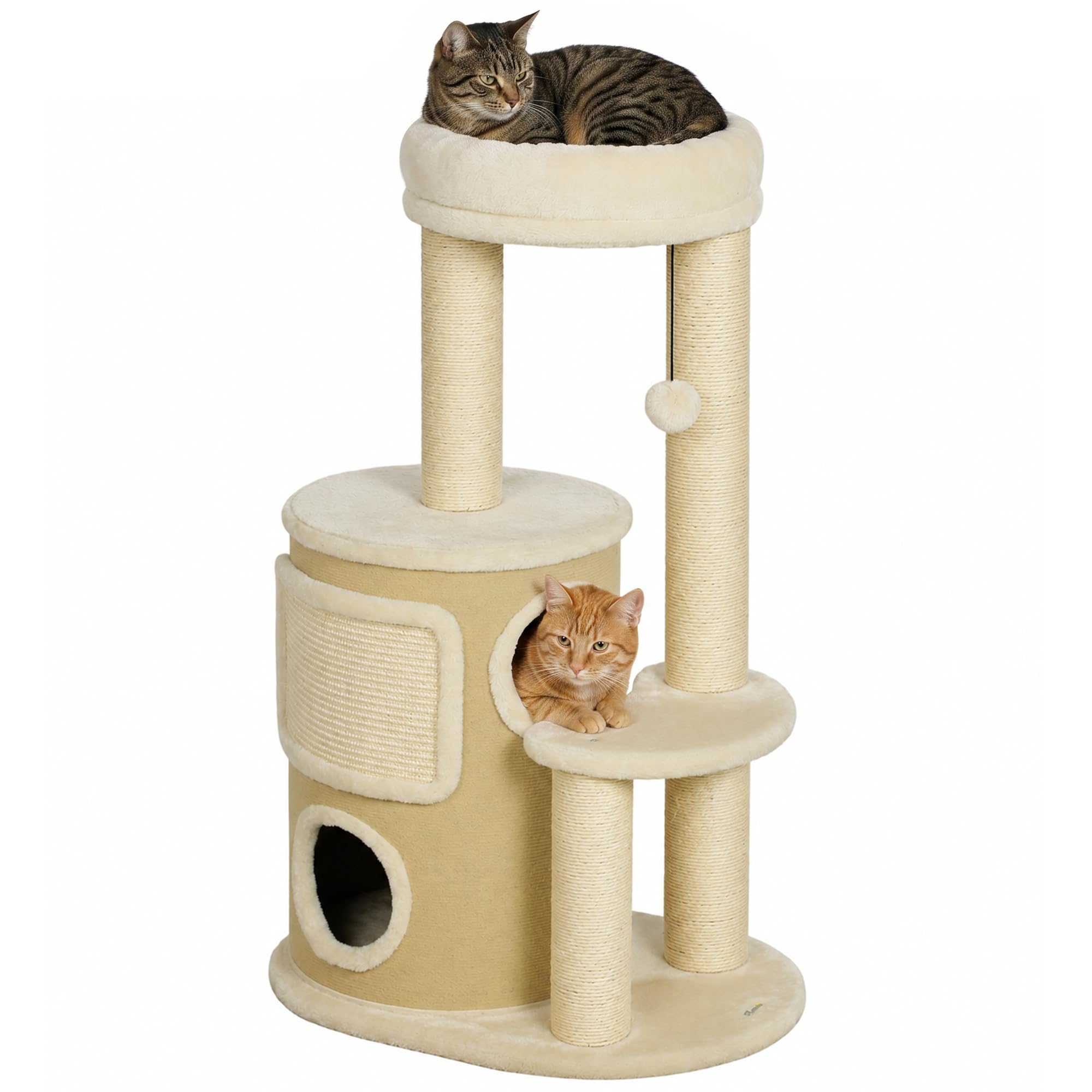 PawHut Tiragraffi per Gatti Multilivello 90cm con 2 Grotte e Cuccia, Beige | Albero per Gatti, 4 Pali Graffiatoi in Sisal, Pompon, Piattaforme, Tappetino, Rampa, Torre per Gattini, in Peluche
