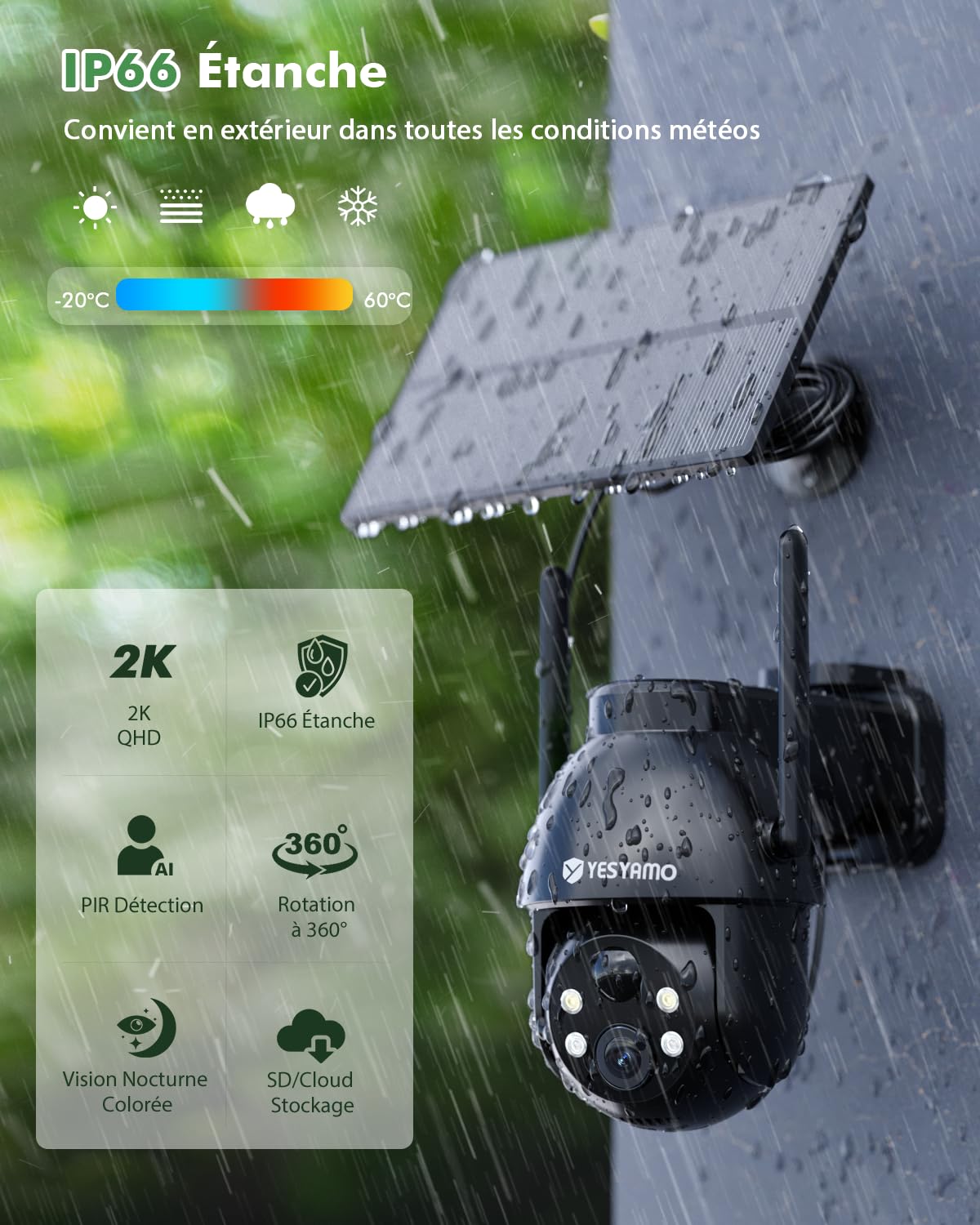 YESYAMO 2K Camera Surveillance WiFi Exterieure sans Fil Batterie | Panneau Solaire Amovible, 360° PTZ, Camera Exterieur Solaire(2.4G), Vision Nocturne Couleur, Détection de Movement, IP66