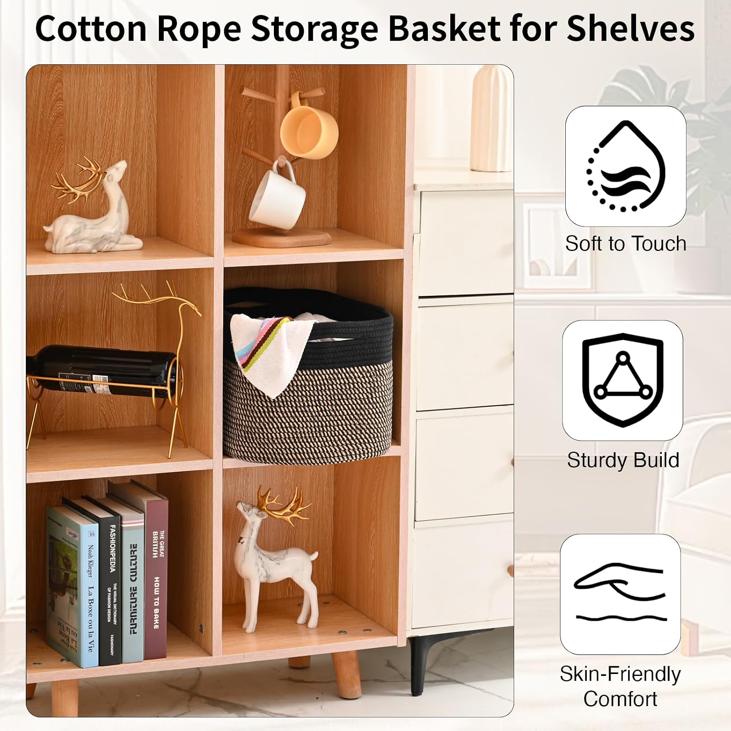 ICERZCZ Woven Cotton Rope Storage Basket for Organizing, Cute Decorative Baskets for Gifts Empty, Organizer Bins for Dog Toy, Baby Laundry, 15“×11”×9.5“, Jute & Black image 5