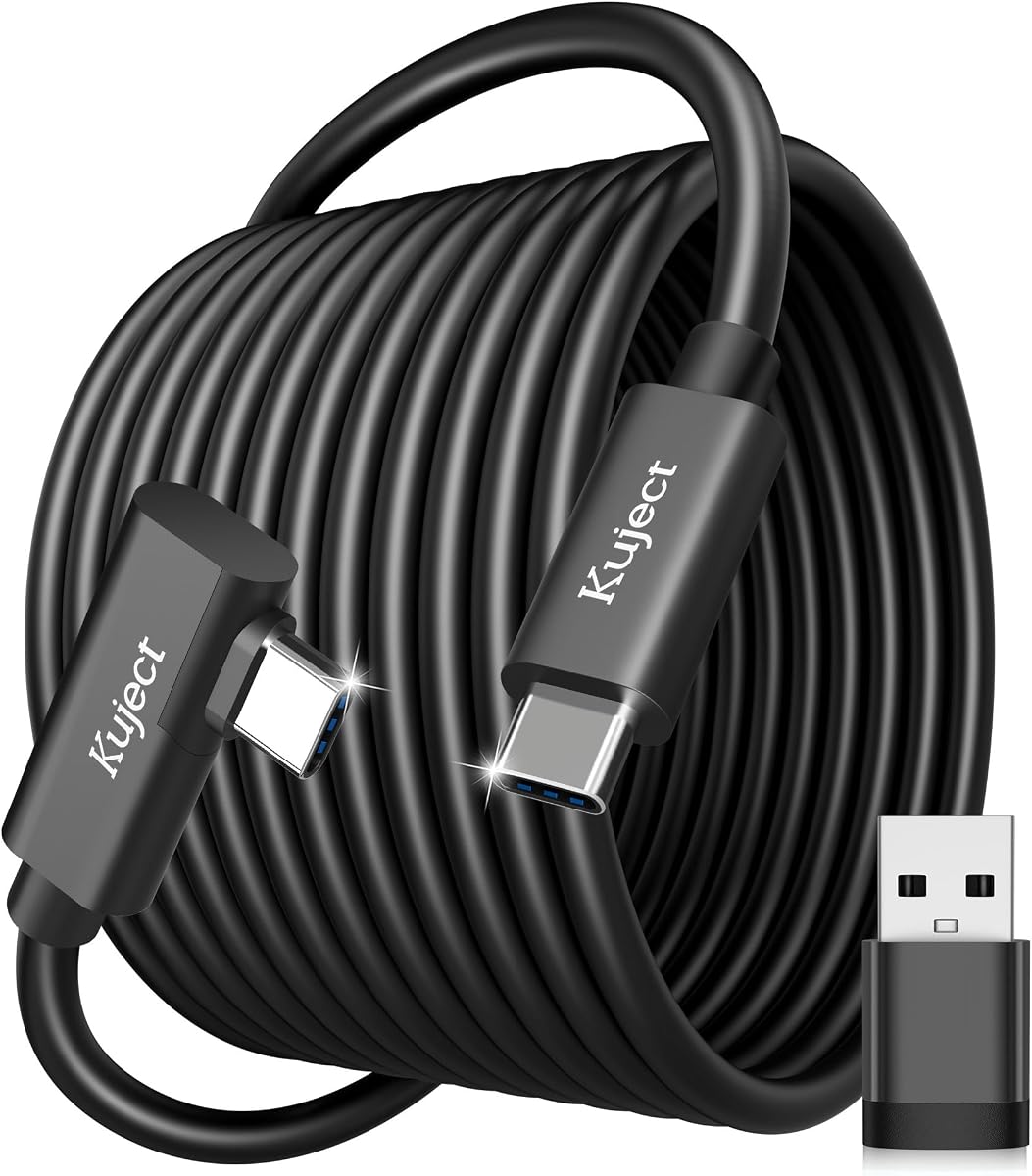 Kuject Cable de enlace de 16 pies para Quest 3S/3, Quest 2/Pro, Pico 4, Cable de accesorios para auriculares VR para juegos Rift S/Steam VR, USB 3.0 tipo C a C Cable de carga de transferencia de datos de alta velocidad para PC de juegos