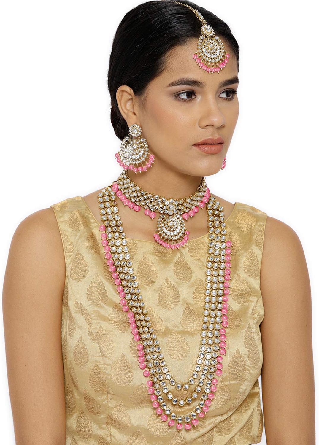I Jewels Traditional Gold Plated Kundan Pearl Wedding Choker Necklace Set Earrings & Maang Tikka for Women (IJ325)