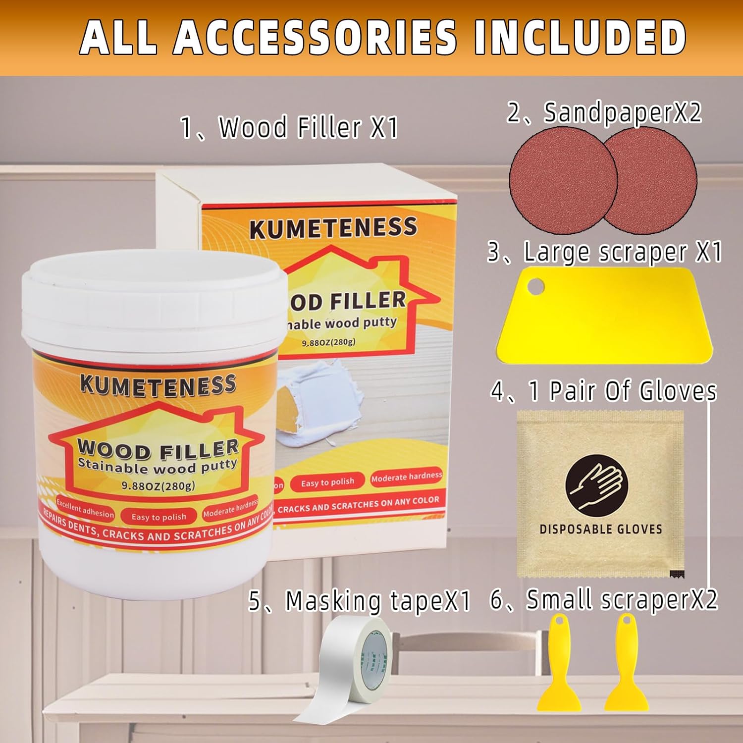 9.87 oz White Wood Filler Stainable and Paintable,Wood Repair Kit for Quickly Repair Any Breaks,Cracks, Chips and Defects in Wooden Furniture,Easy to Use and Sand