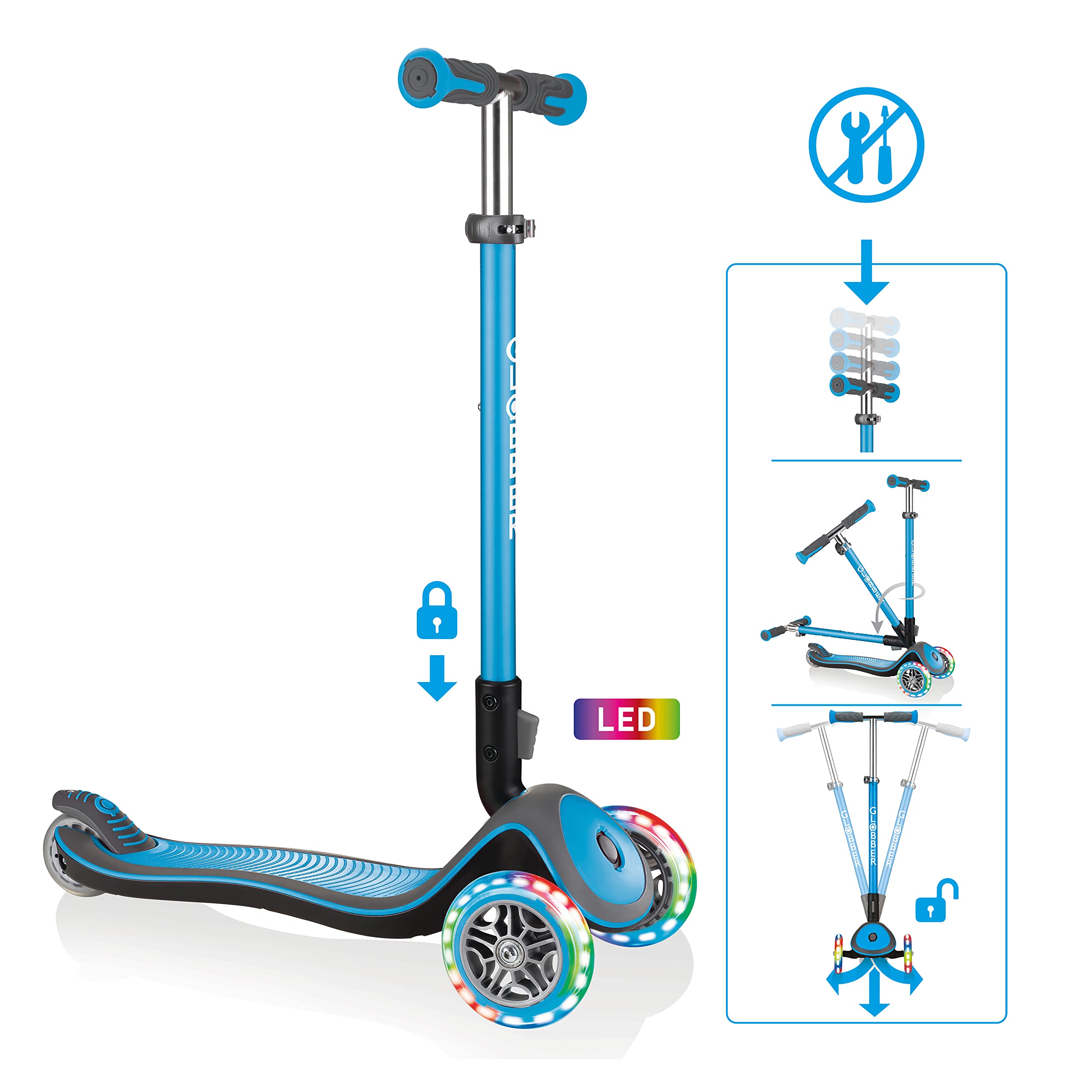 GLOBBER Elite Scooter - Monopattino per bambini dai 3 anni in su, ABEC 5, 3 ruote, regolabile in altezza, ruote LED