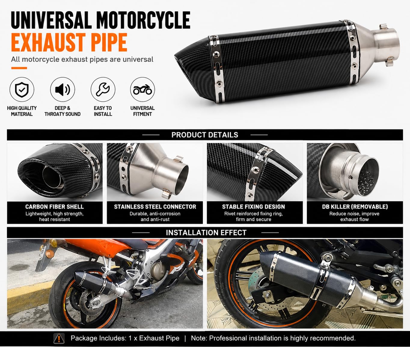 Universal Motorrad Auspuff Schalldämpfer 51mm Edelstahl, Slip-On Endschalldämpfer mit Montagesatz, kompatibel mit FZ6N R1 R3 R6 NMAX TMAX 800