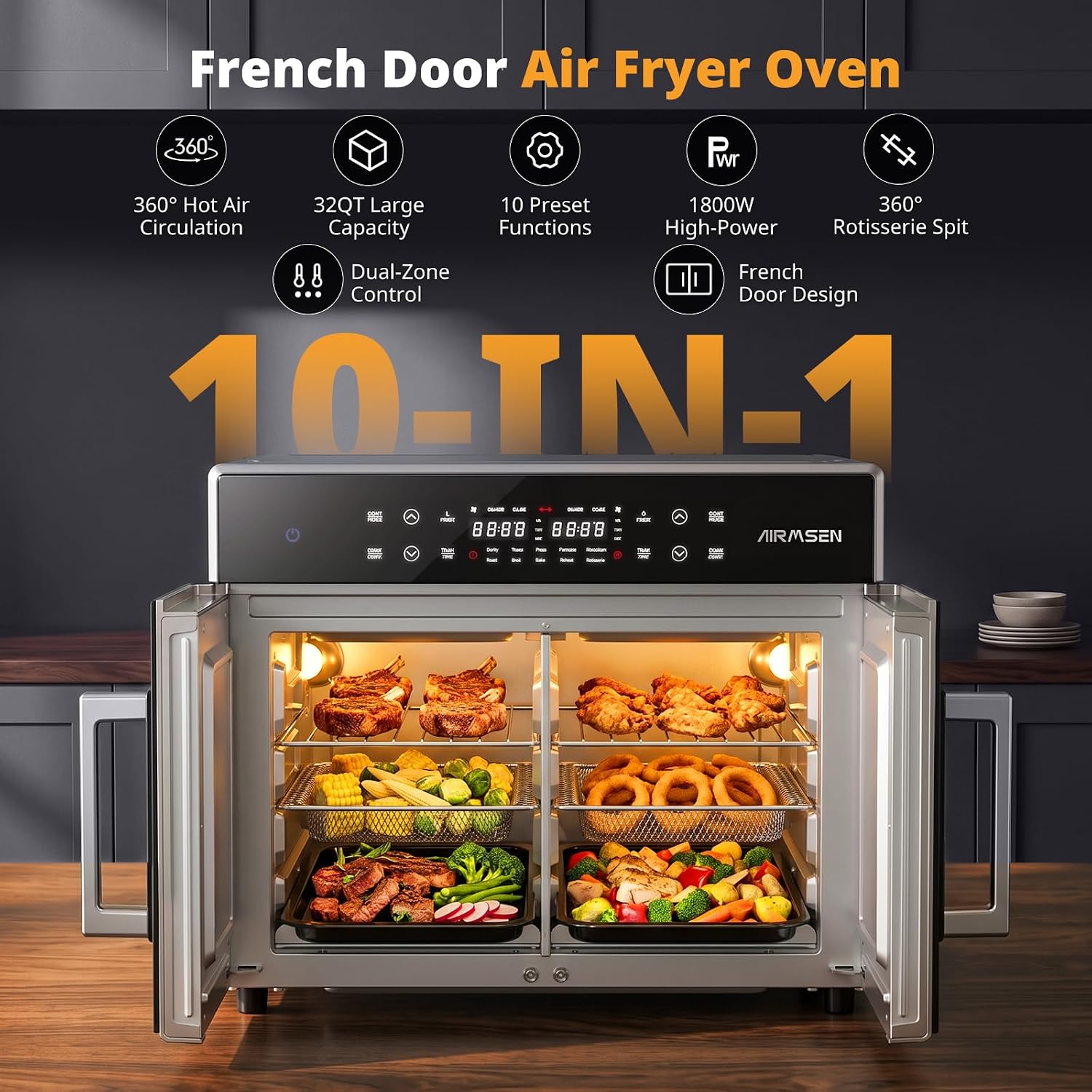 AIRMSEN French Door Dual Zone Air Fryer Toaster Oven Combo, 32QT Capacity