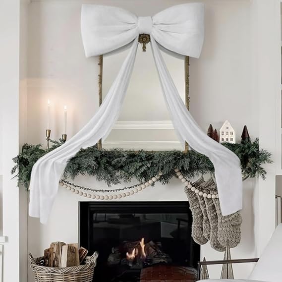 Big Bow For Christmas Tree, 70.8in Large Long Satin Bow Christmas Tree Top, Giant White Velvet Bows, ChristmasTree Toppers Bows For Home Wall Backdrop Birthday Wedding Party Decorations