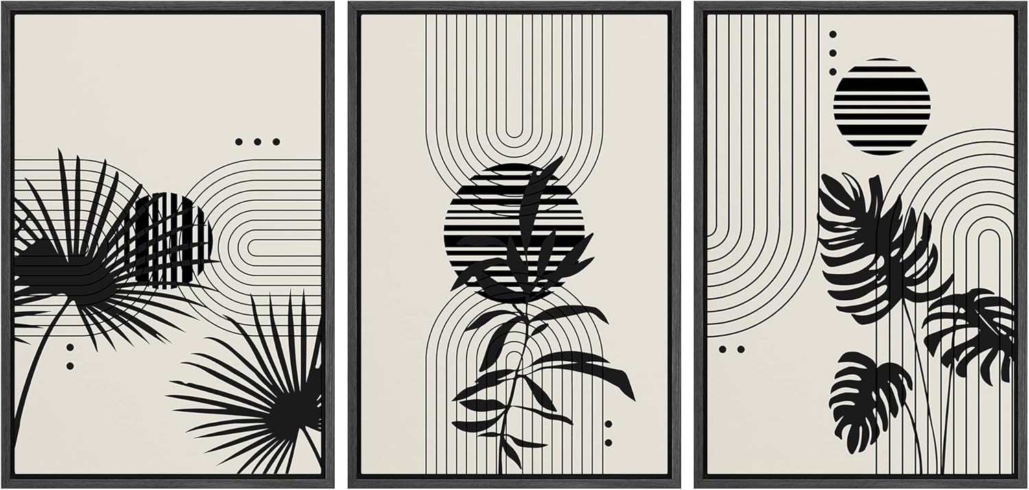 SIGNLEADER Framed Canvas Print Wall Art Set Duotone MidCentury Tropical Plant