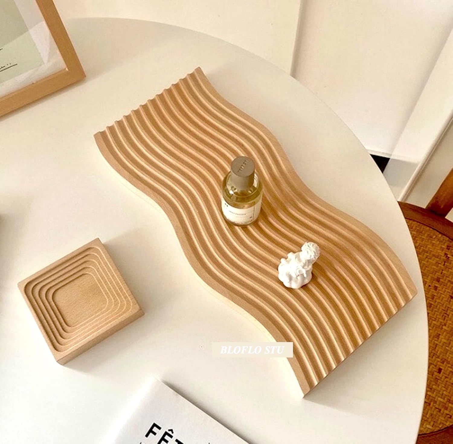 BLOFLO Decorative Tray Wave Shaped Natural Wooden Trays for Decor, Rustic Wood Serving Tray, Wood Decorative Trays for Coffee Table, Crystal Tray for Stones, Ottoman Tray for Living Room Home Kitchen