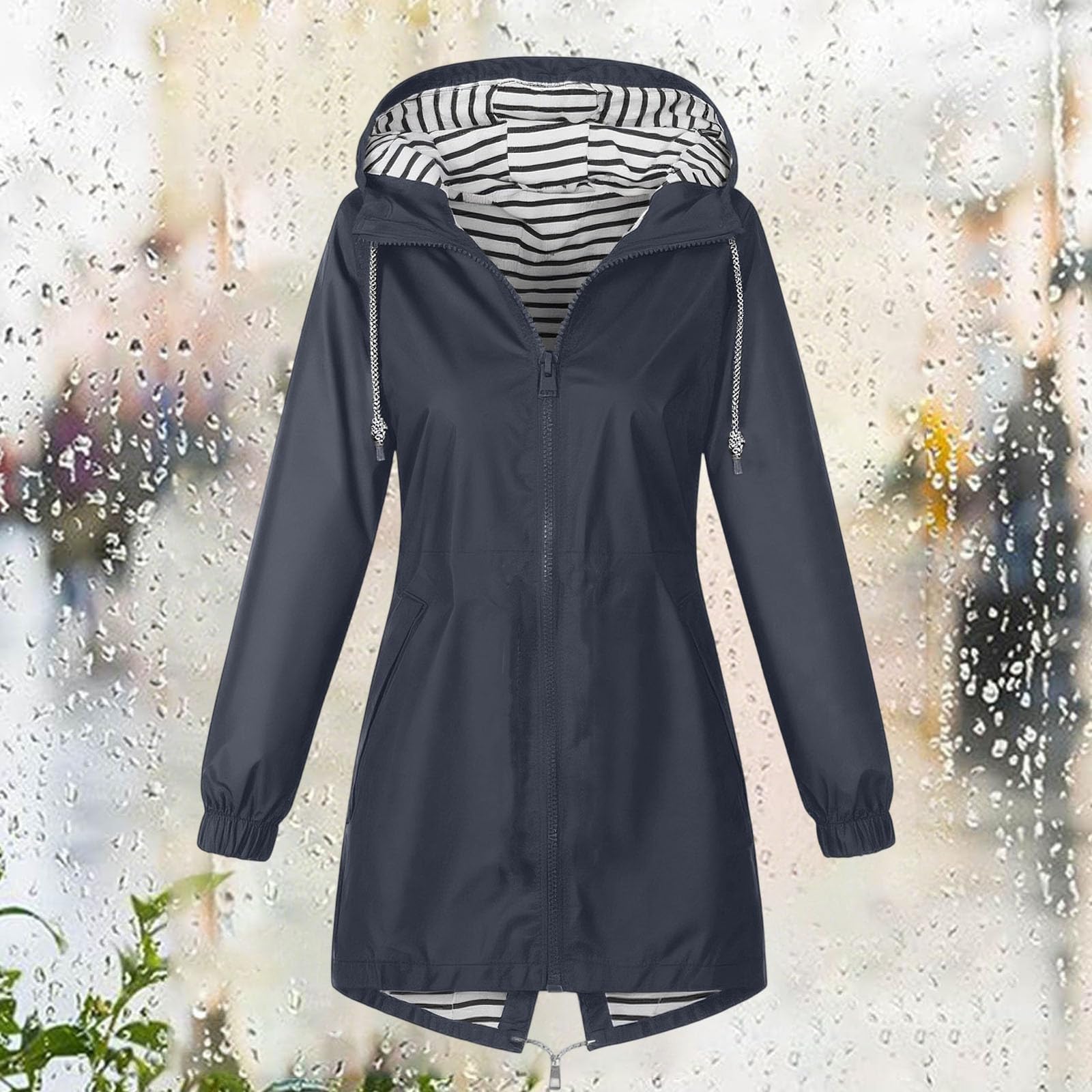 Generisch Chaqueta cortavientos ligera para mujer, con capucha, bolsillos a rayas, anorak, para senderismo