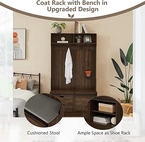Miniatura 5 de Betoko Árboles de pasillo con banco y percheros, banco de entrada de 71 pulgadas con puerta corrediza de granero, banco de almacenamiento de madera