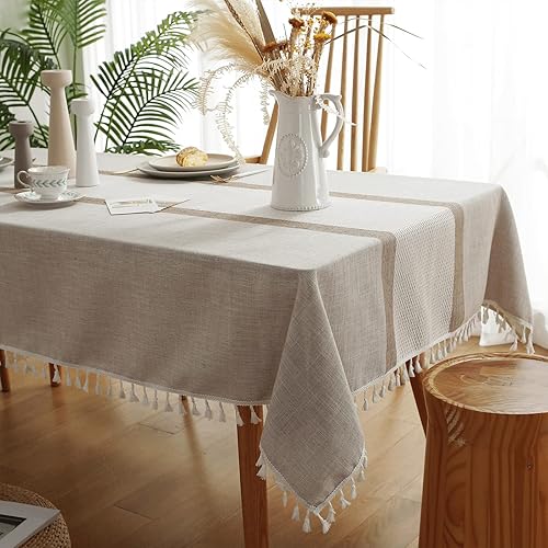 LMDOTBST Mantel rectangular de lino de algodón de 55 x 86 pulgadas, bordado de tela pesada, mantel rústico para cocina, comedor (café café,