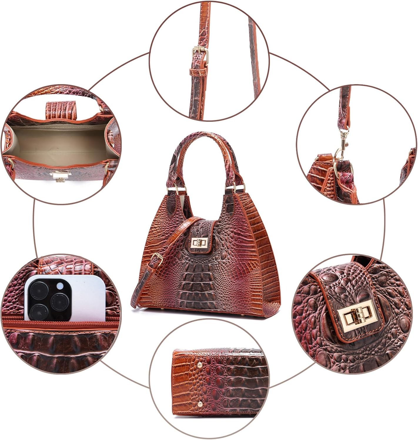 Ladies Tote Leather Bags for Women Crocodile Embossed Zipper Satchel Purse Classy Compartments Crossbody bag - Image 7