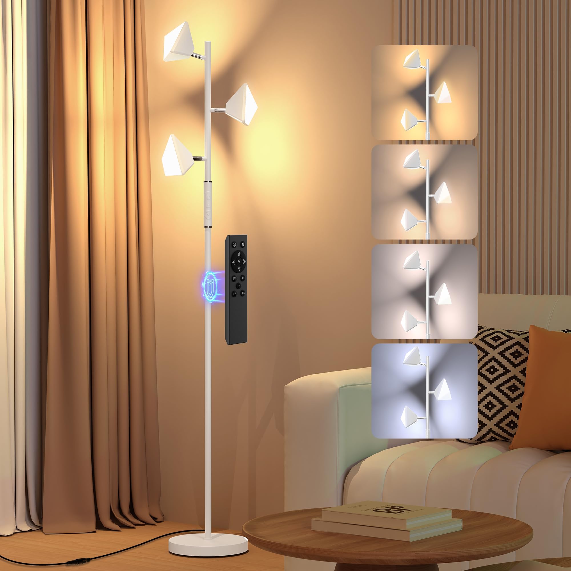 QiMH LED Tree Floor Lamp, 3 Rotatable Light Floor Lamp for Living Room,4 Color Temperatures, 36W Stepless Dimmable Tall Standing Lamp with Touch and Remote Control for Bedroom Home Office, White