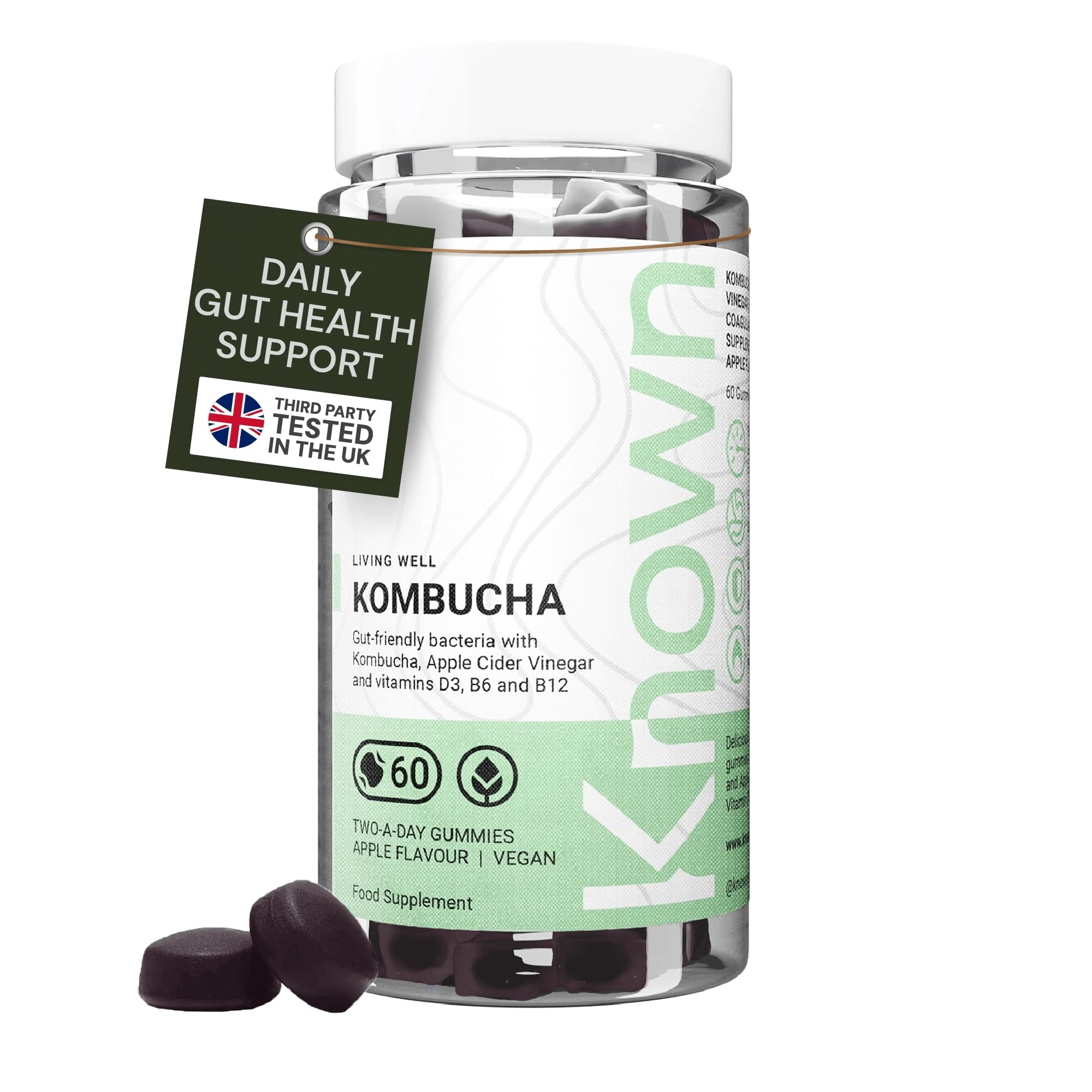 Gummies Délicieux Kombucha Known – Vinaigre de Cidre, Bactéries Amies de l’Intestin & Vitamines B – Saveur Pomme – 60 Gummies Vegan, 1 Mois