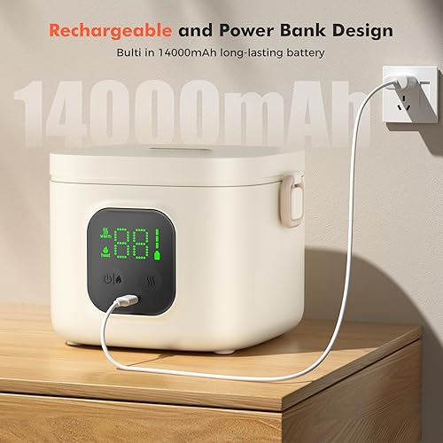 Miniatura 6 de Lonchera eléctrica inalámbrica para adultos y niños, alimentada por batería de 14000 mAh, calentador de alimentos autocalentable con tipo C