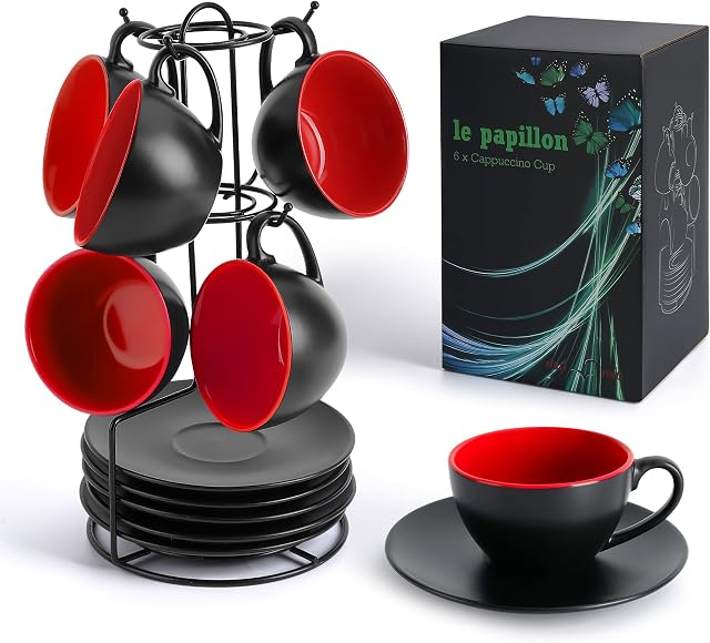 MIAMIO  6 x 175 ml Cappuccino Cups / Cappuccino Cups Set Outside Black Inside Colored - Le Papillon Collection (Red)