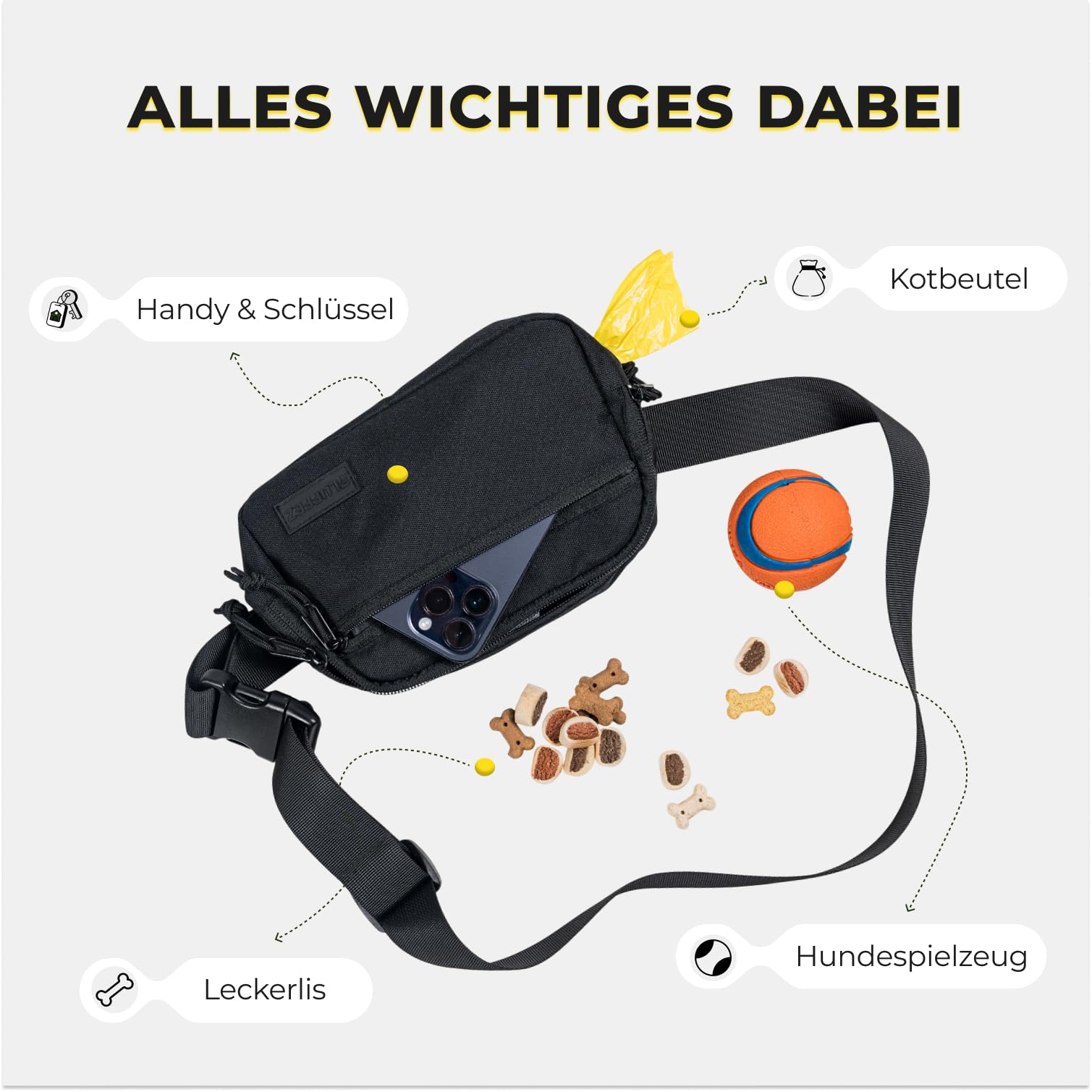 Leckerlitasche für Hunde – Bauchtasche mit verschließbaren Innentaschen und separatem Reißverschluss - Gassi Tasche für das Hundetraining – Leckerlibeutel mit Kotbeutelspender